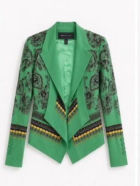NWOT BCBGMaxAzria Green Paisley-Detail Draped Blazer with Contrast Trim